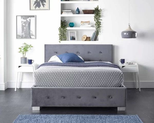 Side Opening Storage Ottoman Bed Available in Grey Linen, Steel Plush Velvet or Silver Crushed Velvet Fabric Finishes